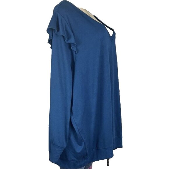 Torrid +5 Teal Blue V-Neck Ruffle Accent Ribbed Trim Banded Hem Long Sleeve Top - Picture 3 of 6